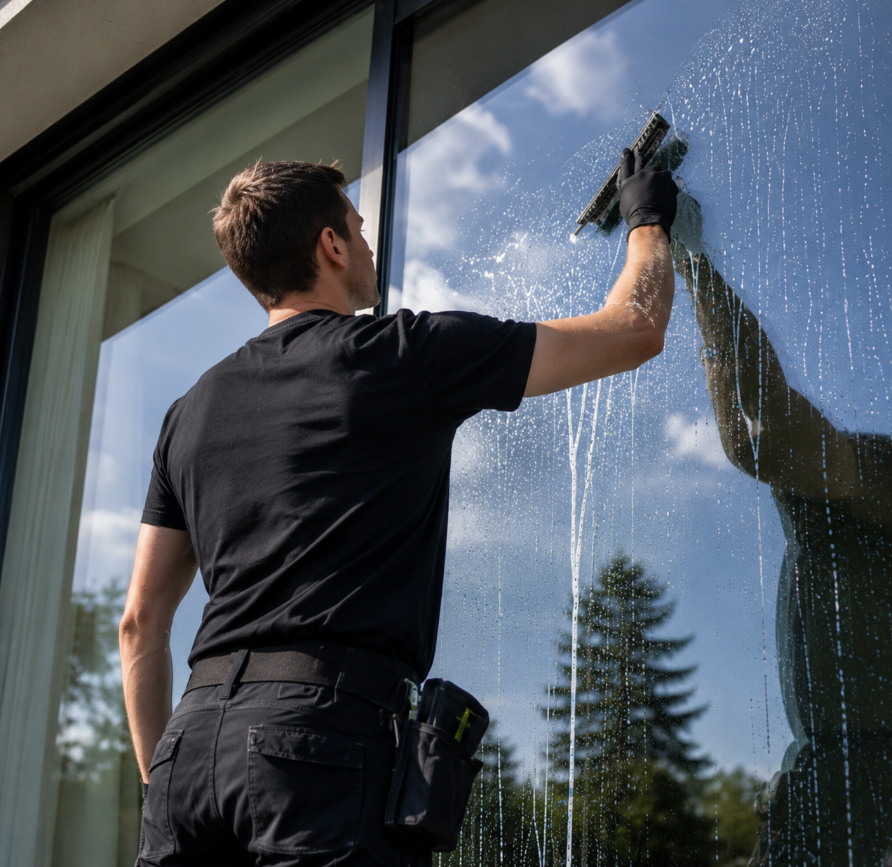 Fensterreiniger bei der Arbeit an einer großen Glasfront